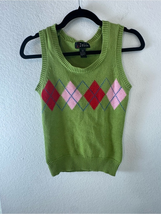 Sweaters - Lime Green Argyle Knit Tank with Pink & Red Diamonds preppy colligate y2k S